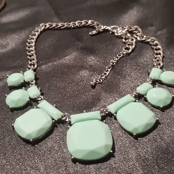 Charming Charlie collar necklace teal resin gems stainless Chunky chain - Picture 1 of 4